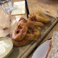 Beer battered onion rings  at The Green Rocket Cafe in Bath