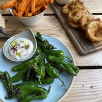 Pedron pepper, beer battered onion and sweet potato fries at The Green Rocket Cafe in Bath