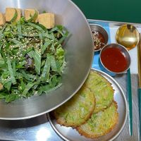 Vegan tofu bibimbap & pumpkin jeon  at Bebab in Seoul
