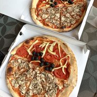 Pizza Mushrooms and Pizza Venezia without cheese (we split and swapped halves ourselves).  at Pizzeria Fabio  in Podstrana