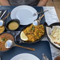 Veg jalfrezi , tarka dhal , veg biryani and garlic naan   at Indian Fusion Cala D'or in Mallorca