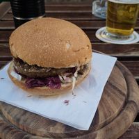 Pueblo Burger with walnuts, porcini cream and red radicchio. at Dubh Linn in Parma