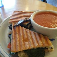 vegan pannini with red pepper soup at GoodLife Cafe and Bakery in Mendocino