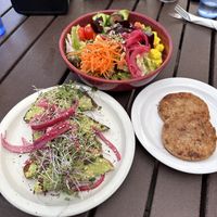 Avocado toast, vegan sausage, and salad  at GoodLife Cafe and Bakery in Mendocino