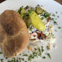 Buffalo chickpea sandwich with vegan slaw. jalapeno and banana peppers  at Squires Corner Kitchen in Lexington