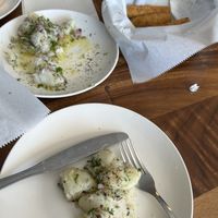vegan potato salad and fried pickle spears  at Squires Corner Kitchen in Lexington