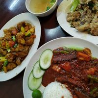 (Sweet sour monkey head mushroom), (butter oyster mushroom), (sambal fish with rice), free soup (very tasty) at Tian Ka Vegetarian in Malacca