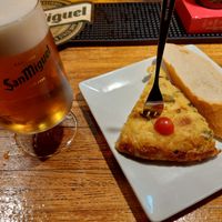 Vegan Spanish tortilla and San Miguel beer at Café Dublin in Vitoria Gasteiz