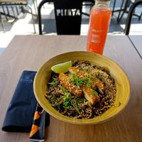Vegan Pad Thai with crunchy veggies (chicken strip substitute) and a guava juice. at Pitaya in Andorra La Vella
