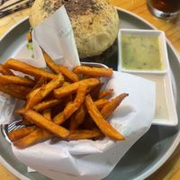 Vegan burger and sweet potato friess  at The Green Spoon in La Fortuna