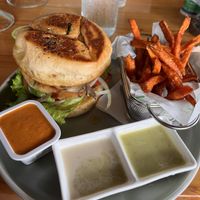 Vegan burger with sweet potato friess  at The Green Spoon in La Fortuna