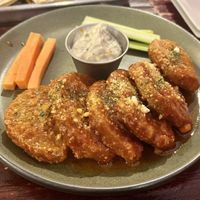 Three-way seitan wings (buffalo, barbecue, and garlic park COMBINED)  at UnBEETable  in Schenectady