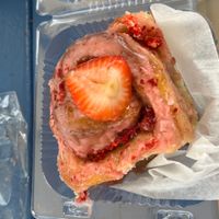 Closer up image of vegan strawberry cinnamon roll at Imo's Bakery - Pre Order Only in Leesburg