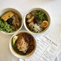 Clockwise from top left: XO vegan entree, vegetarian ramen special included egg, Vegan Spicy Mushroom Miso  at Cottage St Ramen in Bar Harbor