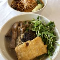XO bowl (front), Spicy Mushroom Miso (back)  at Cottage St Ramen in Bar Harbor