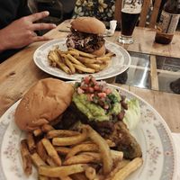 Fake pulled pork burger (at the back) and monster vegan milanesa burger at ALTRAMUZ - Sagarnaga in La Paz