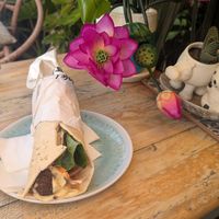 Falafel wrap with vegan aioli and vegan cheese at The Yard in Narrandera