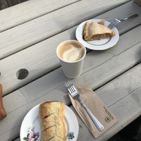 Vegan mushroom and thyme roll, vegan apple tarte, latte with oat milk   at Teach An Tae Aran Cafe & Tea Rooms in Galway