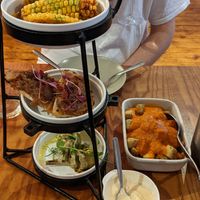 Vegan tower, patas bravas and vegan garlic mayo at Small World Tapas in Torquay