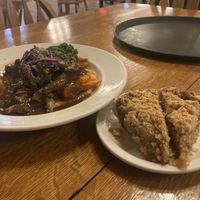 Oyster mushroom steak and apple pie   at June Bug Cafe in Midpines