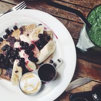Vegan buckwheat pancakes with vanilla coconut yoghurt at Dangerous Kitchen in Takaka