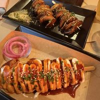 Korn dog and teriyaki portobello skewers  at Baomerang in Porto