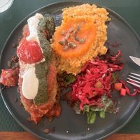 Parmegiana de abobrinha e risoto de abóbora   at Coelho Vegano in Tibau Do Sul