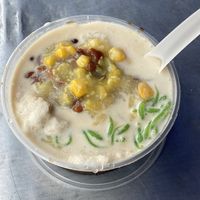 CENDOL Special. Has corn, beans and sticky rice. Very good because the sweet sugar syrup is balanced by the slightly salty sticky rice   at Ais Tingkap in Penang