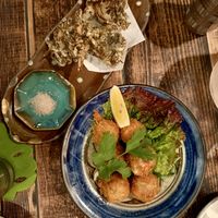 veg croquettes and seaweed tempura  at Asian Chample Foods Goya in Kyoto