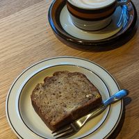Banana bread and oats milk coffee at Tallskogen in Tokyo