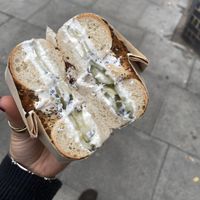 Everything bagel with vegan schmear, pickles and pickled onionns  at Papo's Bagels in East London