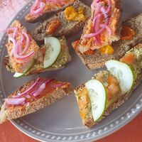 Different kind of Bread with Tomatoes, Olives, Tahin at Terra Fogo in Sao Miguel