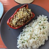 bell pepper stuffed with soy mince and vegan mozz at Terra Fogo in Sao Miguel