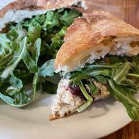 Vegan rosemary chik’n salad sandwich and saladd  at Pewter Spoon Cafe in Cazenovia