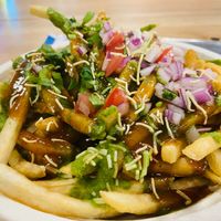 French Fry Chaat - Vegan without yogurt.  at Yeti Kitchen in Lansing