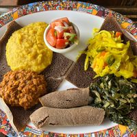 Ethio Vegan Platter with Injera at Abol Cafe in Louisville