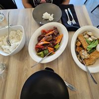 Coconut rice, ginger beef, and oyster mushroom dish(forgot  the name) at Padmanadi Vegan Eatery in Calgary
