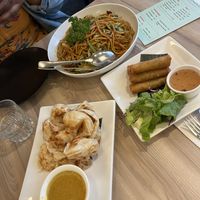 roti canai, spring rolls and bakmi goreng   at Padmanadi Vegan Eatery in Calgary