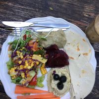 Mezze plate, made vegan  at Om Garden Cafe in Pai