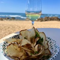 Hummus with home made chips  at Praia da Luz in Porto