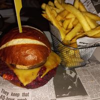 Vegan burger with vegan cheese and fries at The Rose & Crown in Orpington