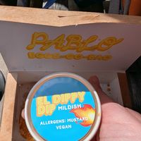 Hashie box - 3 hash browns with vegan dippy dip at Pablo Eggsgobao in Edinburgh