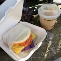 Vegan Bap & iced coffee  at Pablo Eggsgobao in Edinburgh