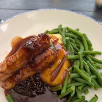 Vegan sausage and mash, onion gravy at Poachers in Wrexham
