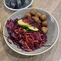 Veggie Meatballs with Super Slaw, Pickles and Lingonberry Jam  at Scandinavian Kitchen in London