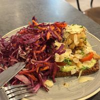 cauliflower and vegan bearnaise (?) on rye  at Scandinavian Kitchen in London
