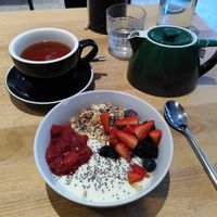 English breakfast tea and yoghurt crunchola at Hardware Coffee + Kitchen in Liverpool
