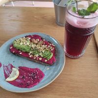 Vegan toast with beetroot humus and avocado at Amélia Foz in Porto