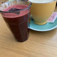 Chai latte and beetroot juice   at Amélia Foz in Porto