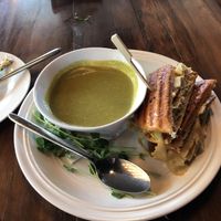 Cream of Kale soup and cubano sandwich   at Greens Organic Cafe and Market in Sarnia